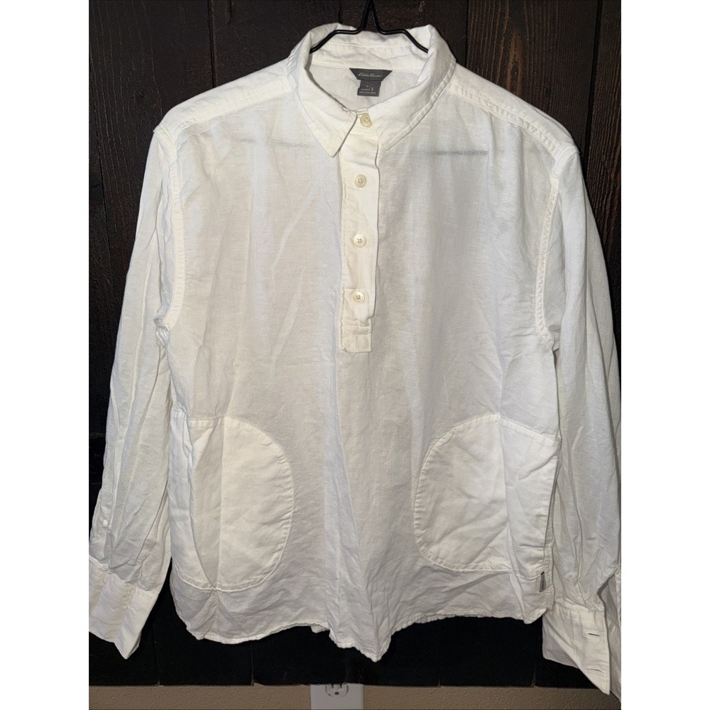 Eddie Bauer Linen & Cotton Blend White Collared Button Up Size S Long Sleeve O